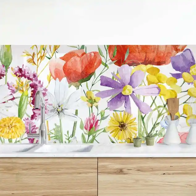 Kostenloser Rückversand Aquarellierte Blumen Küchenrückwand • selbstklebend • Spritzschutz • wasserfest • glänzend • 0,35 mm • hergestellt in Deutschland