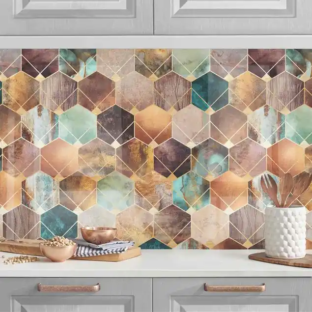 Preisreduziert Türkise Geometrie goldenes Art Deco II Küchenrückwand • selbstklebend • Spritzschutz • wasserfest • glänzend • 0,35 mm • hergestellt in Deutschland