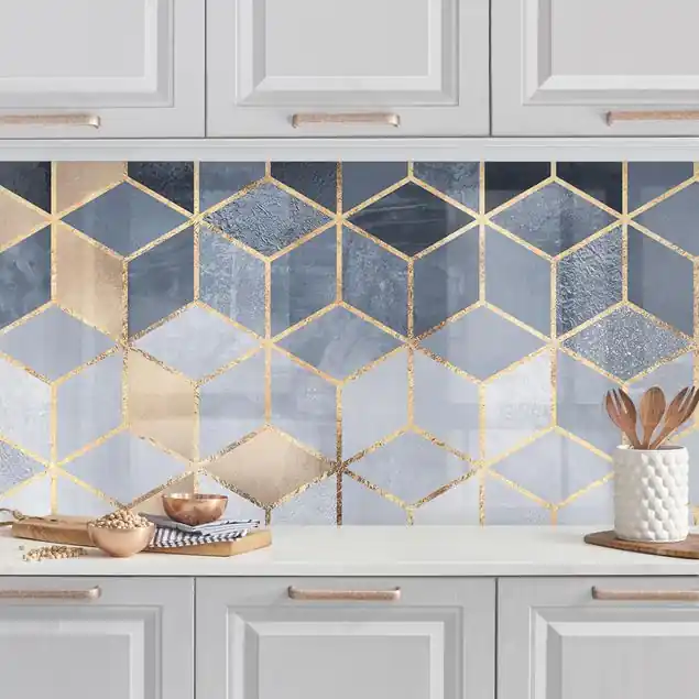 Rabatt Blau Weiß goldene Geometrie Küchenrückwand • selbstklebend • Spritzschutz • wasserfest • glänzend • 0,35 mm • hergestellt in Deutschland