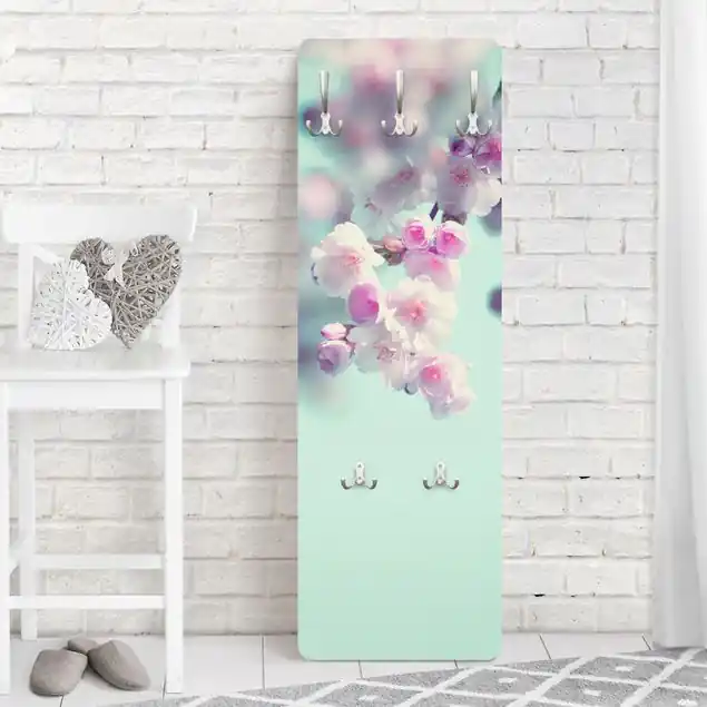 Markenware Farbenfrohe Kirschblüten Designpaneel Wandgarderobe • inkl. großes Haken-Set • hergestellt in Deutschland • platzsparend • besonderer Eyecatcher