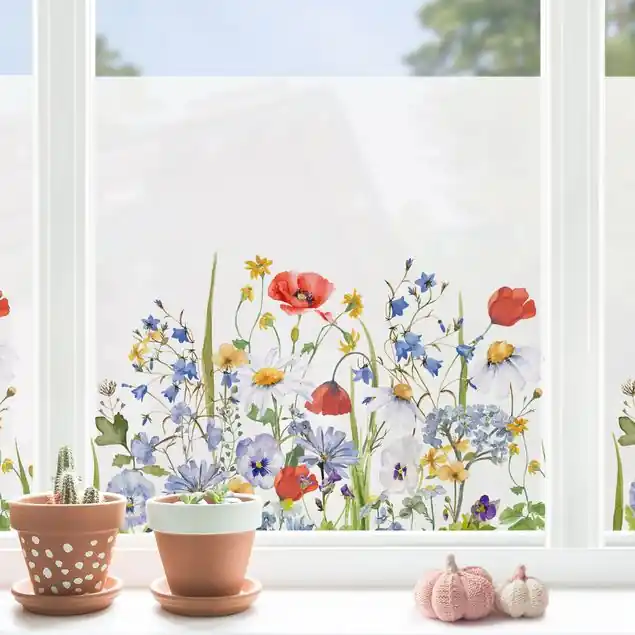 Bestpreis Aquarellierte Blumenwiese mit Mohn Fensterfolie