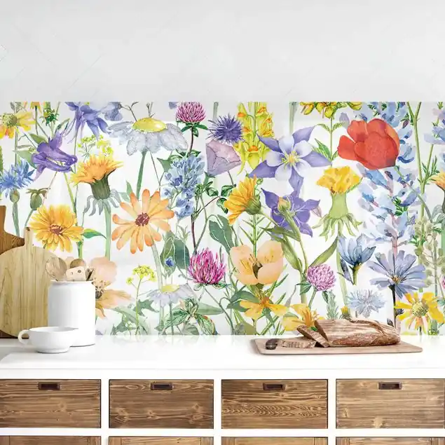 Aquarellierte Blumenwiese Küchenrückwand • selbstklebend • Spritzschutz • wasserfest • glänzend • 0,35 mm • hergestellt in Deutschland Mega-Angebot