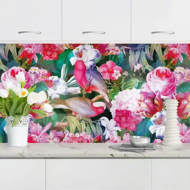 Bunte Tropische Blumen mit Vögeln Pink I Küchenrückwand • selbstklebend • Spritzschutz • wasserfest • glänzend • 0,35 mm • hergestellt in Deutschland Sonderaktion