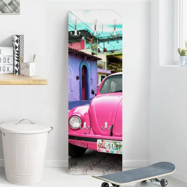 Geprüft Pink VW Beetle Designpaneel Wandgarderobe • inkl. großes Haken-Set • hergestellt in Deutschland • platzsparend • besonderer Eyecatcher