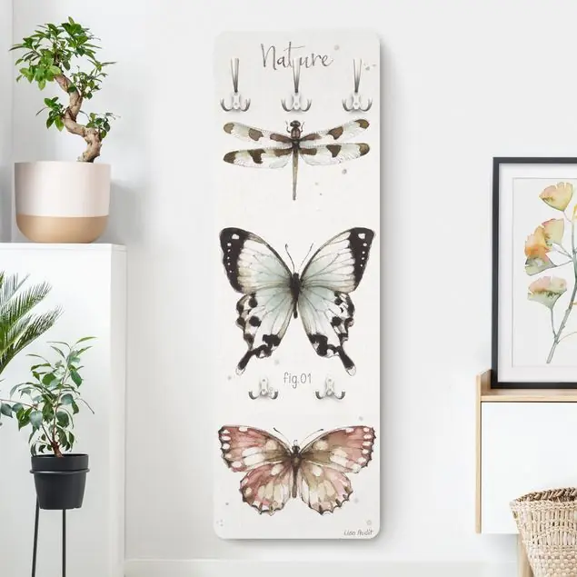Ausverkauf Natur - Aquarell Insekten Designpaneel Wandgarderobe • inkl. großes Haken-Set • hergestellt in Deutschland • platzsparend • besonderer Eyecatcher