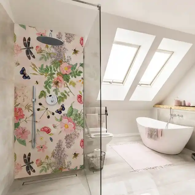 Schmetterlinge mit rosa Blumen Duschrückwand • selbstklebend • glänzend • 0,35 mm Neue Kollektion
