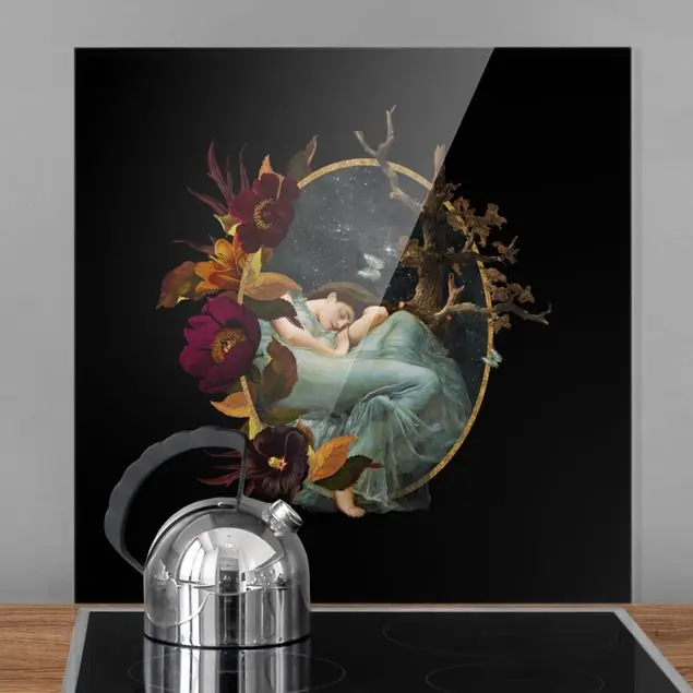 Markenprodukt Dame mit Blumen auf Schwarz Spritzschutz