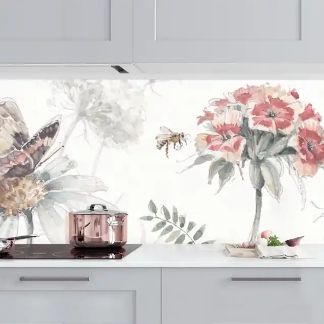 Aquarell Blumenwiese mit Schmetterlingen Küchenrückwand • selbstklebend • Spritzschutz • wasserfest • glänzend • 0,35 mm • hergestellt in Deutschland Bestseller
