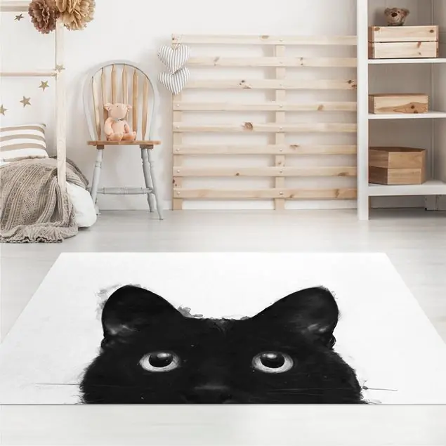 Illustration Schwarze Katze auf Weiß Malerei Premium Vinylteppich 2,2 mm • hergestellt in Deutschland • glatt • abwaschbar • ideal für Haushalte mit Tieren Kostenloser Rückversand