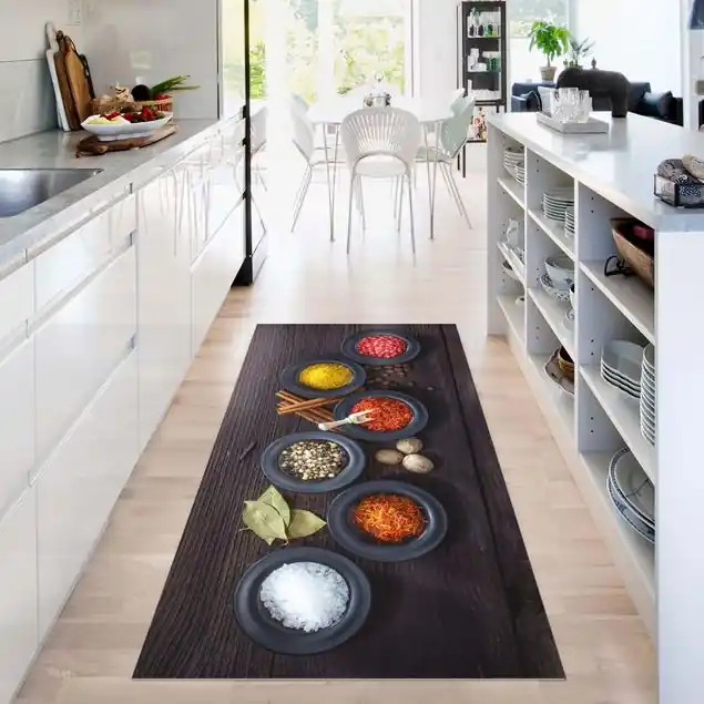 Schwarze Schalen mit Gewürzen Premium Vinylteppich 2,2 mm • hergestellt in Deutschland • glatt • abwaschbar • ideal für Haushalte mit Tieren Neue Kollektion