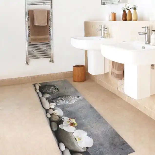 Abverkauf Zen Buddha mit weißen Orchideen Premium Vinylteppich 2,2 mm • hergestellt in Deutschland • glatt • abwaschbar • ideal für Haushalte mit Tieren