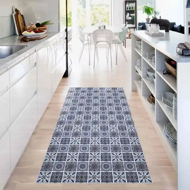 Orientalischer Mandala Mustermix mit Blau und Gold Premium Vinylteppich 2,2 mm • hergestellt in Deutschland • glatt • abwaschbar • ideal für Haushalte mit Tieren Top-Preis