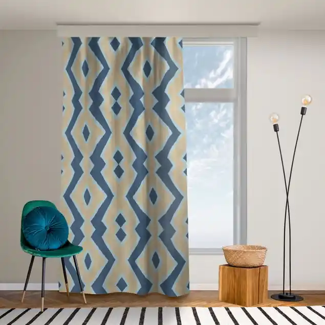 Zickzack Linien Beige Blau Vorhang – Lichtdämpfender Samt Garantierte Lieferung
