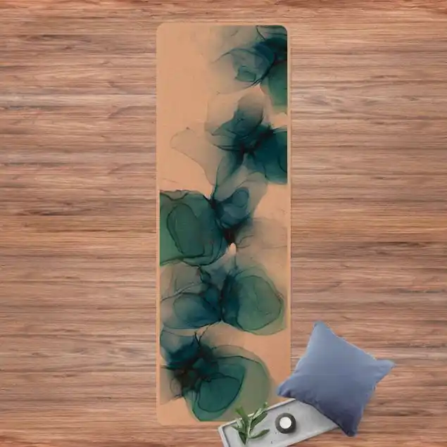 Wilde Blüten in Blau und Gold Yogamatte Kork Preisknaller