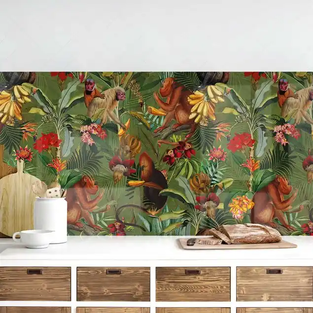 Tropische Blumen mit Affen I Küchenrückwand • selbstklebend • Spritzschutz • wasserfest • glänzend • 0,35 mm • hergestellt in Deutschland Sichere Zahlung