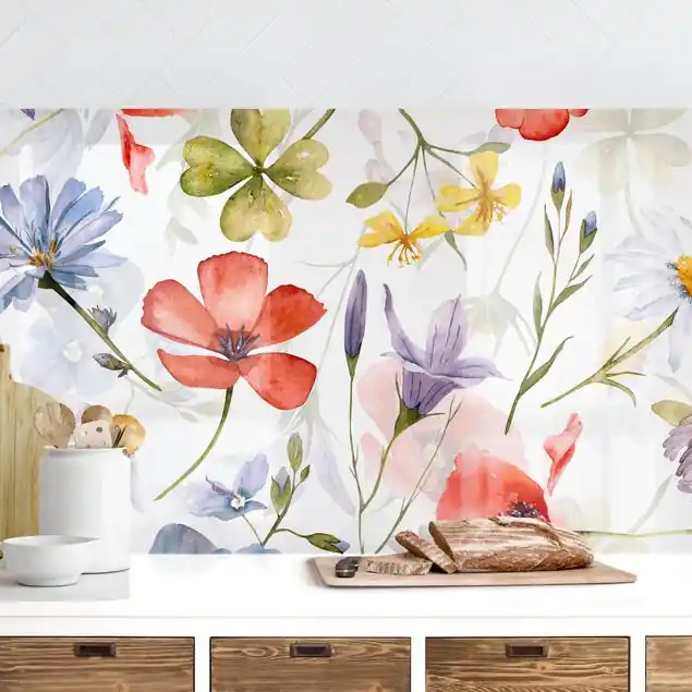Aquarellierter Mohn mit Kleeblatt Küchenrückwand • selbstklebend • Spritzschutz • wasserfest • glänzend • 0,35 mm • hergestellt in Deutschland Kostenloser Versand