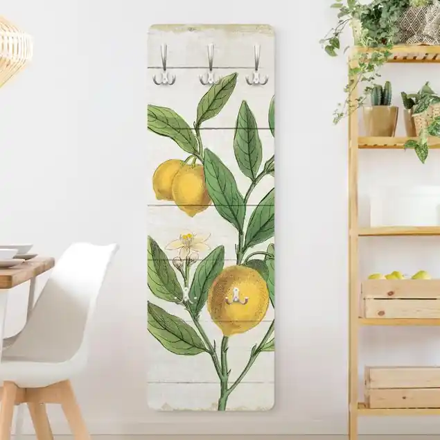 Zitronenzweig auf Holz Designpaneel Wandgarderobe • inkl. großes Haken-Set • hergestellt in Deutschland • platzsparend • besonderer Eyecatcher Kostenloser Rückversand