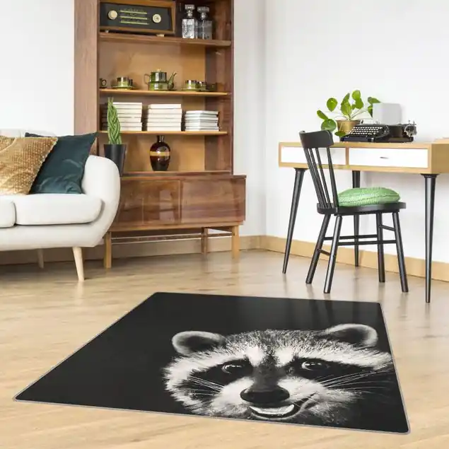 Abverkauf Illustration Waschbär Schwarz Weiß Malerei Teppich