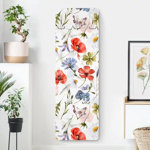 Neuheit Aquarellierter Mohn mit Kleeblatt Designpaneel Wandgarderobe • inkl. großes Haken-Set • hergestellt in Deutschland • platzsparend • besonderer Eyecatcher