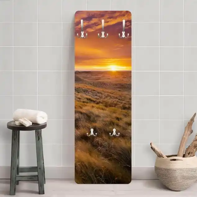 Sonnenaufgang am Strand auf Sylt Designpaneel Wandgarderobe • inkl. großes Haken-Set • hergestellt in Deutschland • platzsparend • besonderer Eyecatcher Preiswert