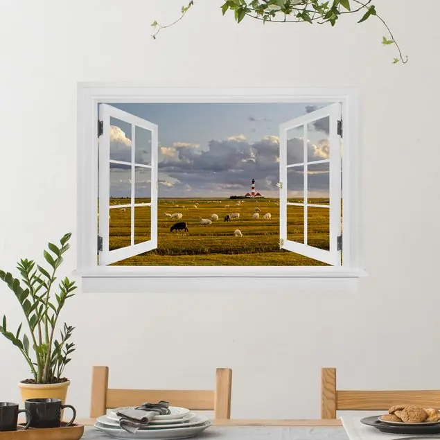 Neu Im Sortiment Offenes Fenster Nordsee Leuchtturm mit Schafsherde Wandtattoo